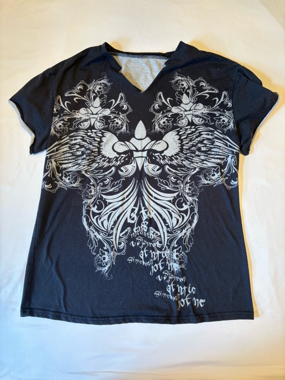 Black Graphic V-Neck Tee with White Ornate Wing Design
